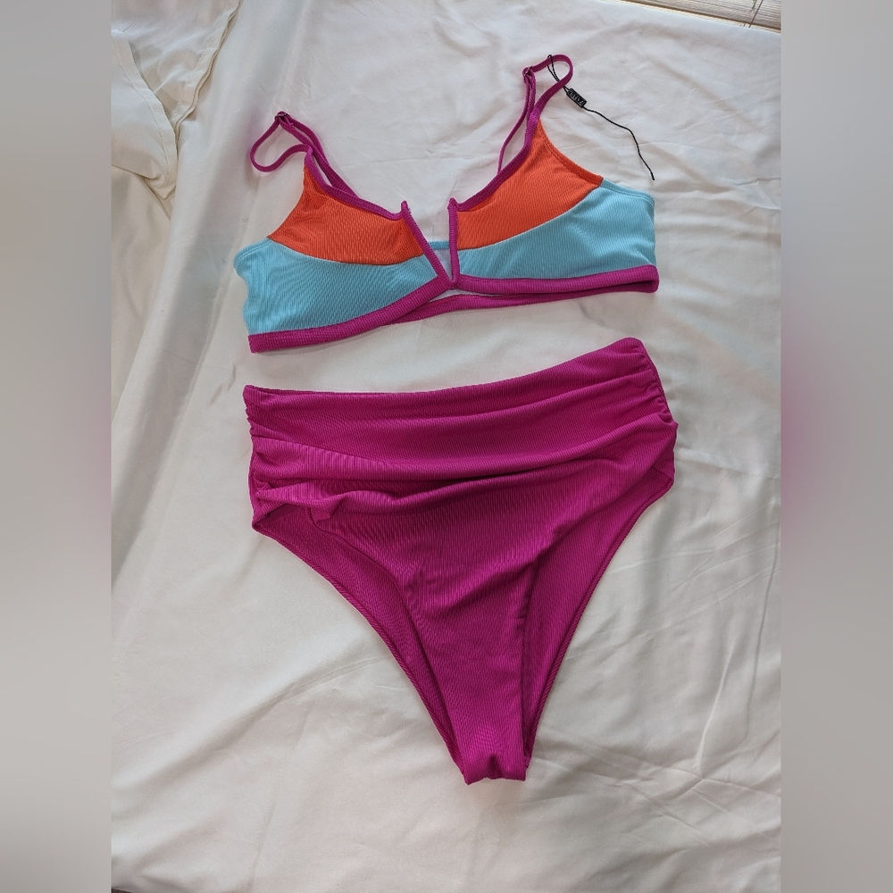 Zaful color block high waisted 2 pc bikini